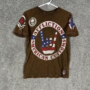 Affliction Shirt Mens Small Brown American Customs Flag Skull Graphic Tee